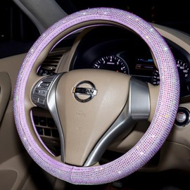 Car Fuzzy Bling Steering Wheel Cover for Women Purple, 15 Inch Universal with Colorful Diamonds Rhinestone Cute Accessories Crystal Anti-Slip Wheel Protectorer