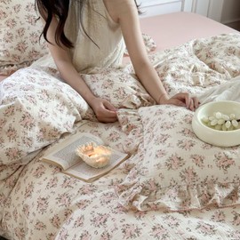 BuLuTu Gauze Cotton Floral Duvet Cover Full, Vintage Floral Pattern Comforter Cover Teens Girls Quilt Cover Full with Ruffles, Ultra Soft Breathable Bedding Set, Pink Poeny Pattern