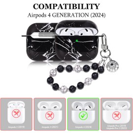 Case for Airpods 4 Marble Cover with Diamond Bracelet Keychain Compatible with Air Pods 4st Generation Aesthetic Case for Girls Women Black