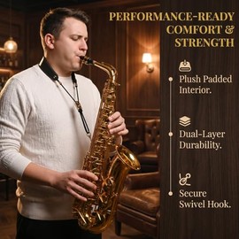 Correa ajustable para el cuello de saxofón – piel premium para un cómodo juego de saxos Alto/Tenor, Negro -, Medium