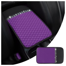 Figpade Bling Center Console Cover with Colorful Crystal Rhinestones,Anti-Scratch PU Leather Arm Rest Cover for Car,Waterproof Middle Console Cover of Car Decor for Most Vehicles (Black/Purple)