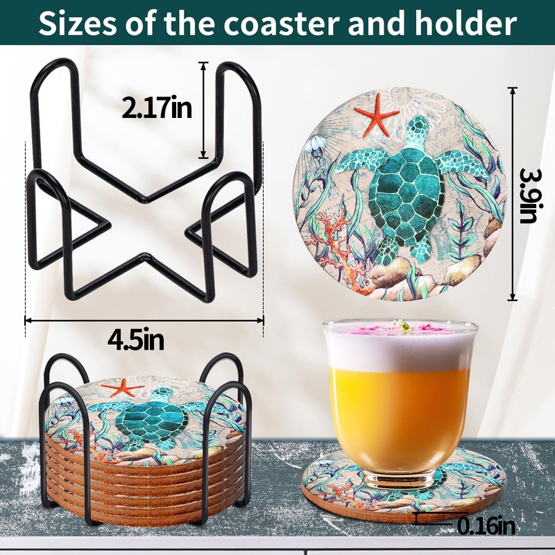 Coasters for Drinks Turtle Cork Base Coasters with Holder Sea