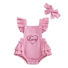 Edhomenn Baby Girls Valentine's Day Outfits Heart Embroidery Flying Sleeves Jumpsuit with Bow Headband Set Newborn Girls Summer Clothing, 01 Pink