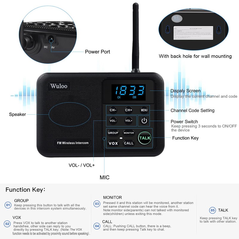 Wuloo Intercoms Wireless for Home 1 Mile Range 22 Channel