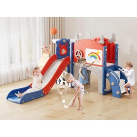 XJD Toddler Slide,12 in 1 Kids Slide for Toddlers 1-3, New Upgrade with Golf Set, Basketball Hoop, Drawing Board for Indoor Outdoor Playset,Toddler Playground (Red Blue)