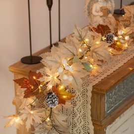 BLOSMON Fall Leaves Garland for Mantle: 6ft Fall Garland with 40 LED Lights - 8 Lighting Modes with Remote Timer - White Maple Leaf Autumn Garlands for Railing Outdoor - Thanksgiving Home Decor