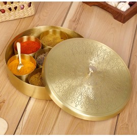 SEMPYIX Brass Masala Box Dabba with Spoon Container 100ML-Spices Storage Rack Indian Spices Boxes Storage Box Masala Dani Brass Masala Dabba -kitchen Storage Spice Rack (8-INCH)