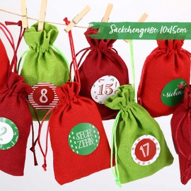 Papierdrachen 24 Advent Calendar Fabric Bags for Filling – with Number Stickers from 1-24 – Fabric Bag to Decorate Yourself – Gift Bag – Red Green Set No. 28