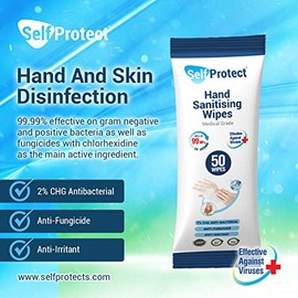Hand Sanitising Wipes - 2% CHG, Rinse Free Solution, Kills Bacteria, Dermatologically Tested - Pack of 50 Wipes (Pack of 1 (50 Wipes))