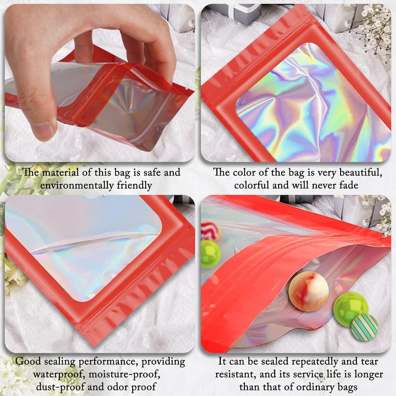 ANZNKU 100 Pcs Smell Proof Mylar Resealable Bags, Holographic Packaging