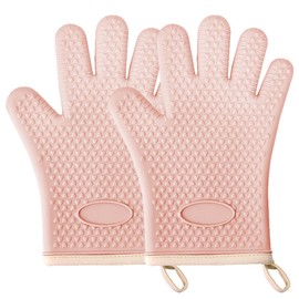 Kitchen Oven Gloves Heat-Resistant Silicone Gloves,High-Temperature Resistant Food-Grade Silicone Extra-Thick Non-Slip Design, Easy Clean Oven Mitts for Baking Cooking Grilling 2 Pack (Pink)