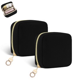 Playexen 2 Pack Small Makeup Bag for Purse, Corduroy Mini Cosmetic Pouch with Ring Buckle & 4 Inner Pockets, Portable Travel Makeup Pouch for Lipsticks, Coins, Earphone (Black)