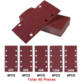 40 Pieces Sander Paper 93 x 185 mm Sanding Sheets Hook and Loop Sander Pads Punched 8 Holes Assorted 40/60/ 80/120/240 Grits Sanding Pads Fit Rectangular Sander