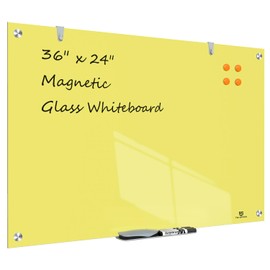 TSJ OFFICE Glass Dry-Erase Board - 36 x 24 Inches Wall Mounted Magnetic Whiteboard, Large Frameless Glass White Board for Office, Home & School, Yellow