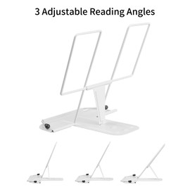 Metal Book Stand for Desk, Adjustable Reading Rest Book Holder, Portable Cookbook Documents Holder, Sturdy Typing Stand for Recipes Textbooks Tablet Music Books with Page Clips (White)