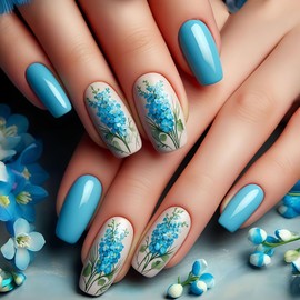 Blue Flower Press on Nails Glossy Stick on Nails Medium Coffin Fake Nails Blue Glue on Nails Spring Acrylic False Nails Full Cover Artificial Fake Nails Reusable Nails Kit for Women Girls 24Pcs