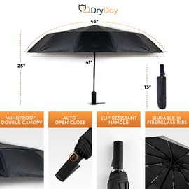 DryDay Umbrella Travel Umbrellas for Rain - Large 46" Windproof Double Canopy, 10 Durable Ribs, Strong Frame, Auto Open Close Ergonomic Handle, Compact Waterproof Umbrella for Women & Men, Black
