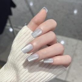 Cat Eye Press on Nails Short Square Fake Nails Shiny Glitter Acrylic Nails Glossy Light Blue False Nails Full Cover Gel Glue on Nails White Stick on Nails for Squoval Manicure 30Pcs