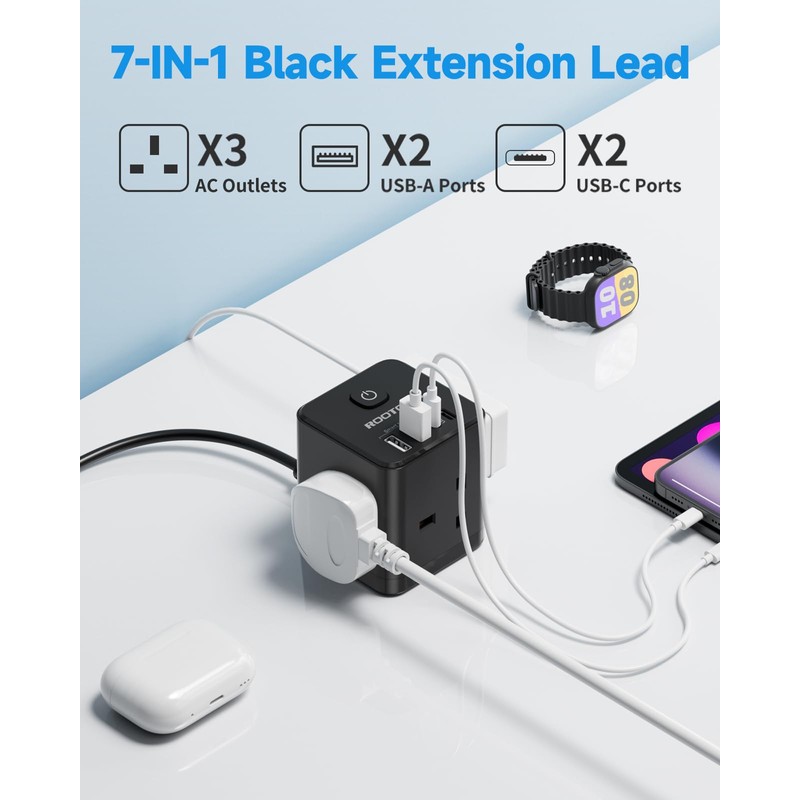 Cube Extension Lead with USB C Slots, 3 Way Power