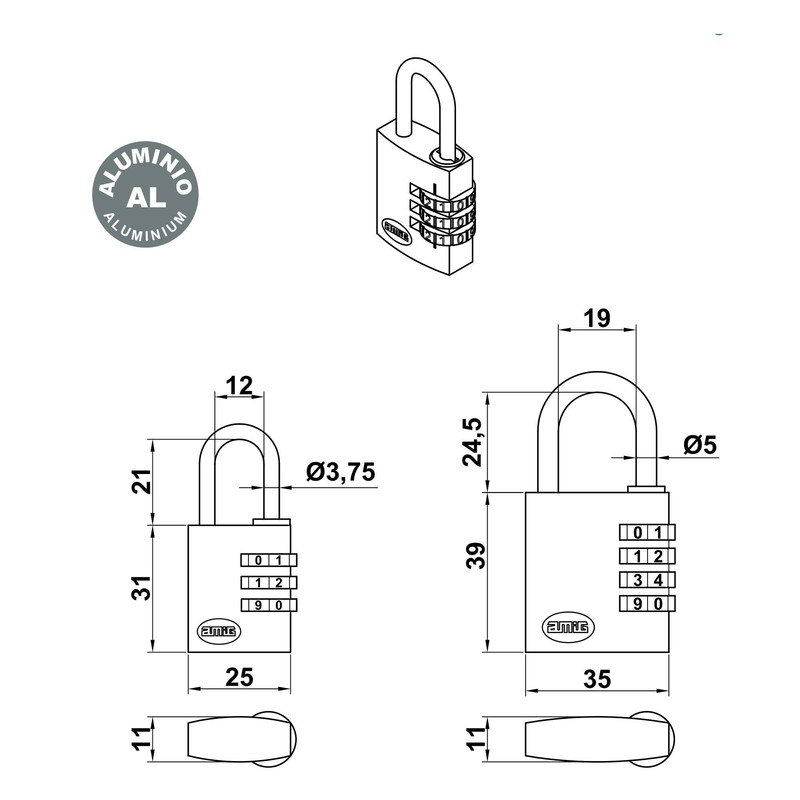 Amig - 21940 Model 75 Combination Lock Aluminium Width 25