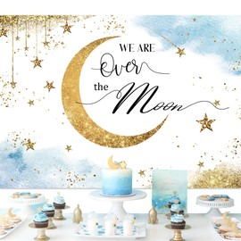 Glawry Over The Moon Baby Shower Backdrop 7Wx5H Feet Boho Blue Watercolor Shinning Stars Gold Dots Celestial Over The Moon Party Decorations Photography Background Photo Booth Studio