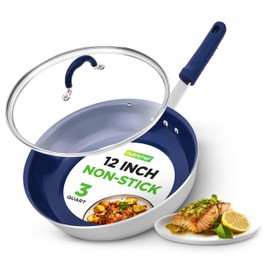 12" Fry Pan With Lid - Large Skillet Nonstick Frying Pan with Silicone Handle, Ceramic Coating, Blue Silicone Handle, Stain-Resistant, Easy To Clean, Professional Home Cookware