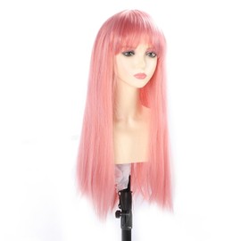 Peluca Rosa Elegante y Delicada de Pelo Largo y Liso con Flequillo, Pelo Sintético Resistente Al Calor para Fiesta de Cosplay