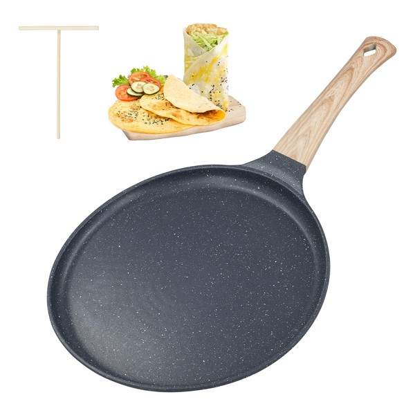 Vusddy Crepe Pan Induction, 24 cm Pancake Pan with Dough Distributor, Pancake Pan with Real Stone Particles, Non-Stick Coating, PFOA-Free, Wooden Handle, for All Hobs