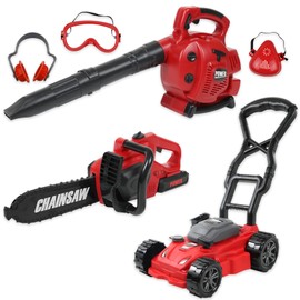 Kids Leaf Blower, Toy Chainsaw, and Lawn Mower Set | Realistic Toddler Landscaping Power Tools with Sound and Action| Includes Safety Goggles Mask and Earmuffs