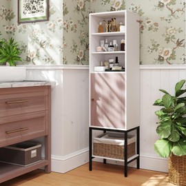 Giantex 57” Tall Bathroom Storage Cabinet, Floor Cabinet with Door, Adjustable Shelves & Foot Pads, Metal Legs, Anti-Tipping Kit, Slim Bathroom Storage Unit for Living Room, Kitchen (White)