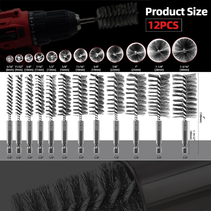 ASNOMY 12Pcs Wire Bore Brush for Drill,5/16"-1-3/16" Stainless Steel Wire