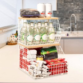 Mefirt White Fruit Bowl, 2-Tier Fruit Basket for Kitchen Counter, Stackable Wall Mounted Fruit Storage, Snack Organizer, Potato and Onion Storage Basket, Hanging Pantry Organizer with Wood Lid, 2 Set