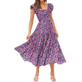 DOROSE Women's Summer Boho Floral Dress Flutter Sleeve Square Neck Ruffle Swing Beach Long Maxi Dresses Purple L