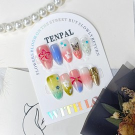 TENPAL Colorful Handmade Press on Nails Almond Glossy Pink Green Purple Soft Gel Fake Nails with Flower Butterfly Pattern Ballet False Nails Press Ons Acrylic Butterfly Nails Glue on Nails Medium(L)