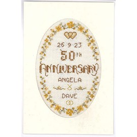 Lifetime Samplers & Decorative Textiles Floral 50th Anniversary Card - Golden Wedding - Complete Cross Stitch kit on 16 aida with Clear Colour Chart