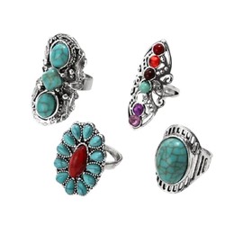 Kysin Chiys 4 Pcs Bohemian Vintage Turquoise Oval Flower Rings for Women Geometric Ethnic Natural Stone Adjustable Silver Joint Knuckle Rings Western Cowgirl Statement Jewelry - Silver