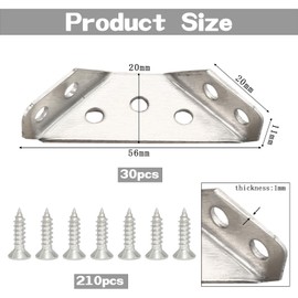 30 Pcs Corner Connector, Stainless Steel Corner Brackets for Wood, Universal Furniture Corner Bracket, Triangle Support Frame Angle Fastener Connector for Shelf Cabinet Table Chair, with 210 Screws