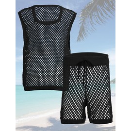 AIEOE Crochet Vest and Shorts Set for Men Two Piece Muscle Tracksuits Knitted Shorts and Tank Top Sets Summer Outfits Sleeveless T Shirt Shorts with drawstring