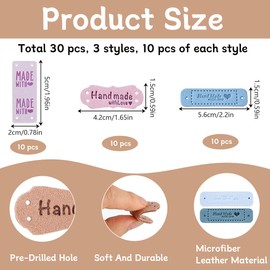 XYTAHDM Pack of 30 Handmade Labels for Sewing, Handmade Labels PU Leather, Handmade Embossed Label with Holes for Crochet Clothing, Knitting, DIY Jeans, Bags, Hats, Crochet (3 Styles)