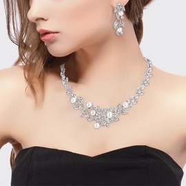 BriLove Wedding Bridal Cream Simulated Pearl Necklace Earrings Jewelry Set for Women Cluster Leaf Vine Hibiscus Flower Crystal Collar Necklace Dangle Earrings Set Clear Silver-Tone