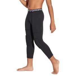 DEVOROPA Youth Boys' Compression Pants with Knee Pads 3/4 Basketball Athletic Tights Quick Dry Sports Workout Leggings Black S