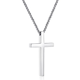 AllenCOCO Cross Pendant Necklace for Men, Silver Box Chain 316L Stainless Steel Hypoallergenic Non Tarnish Cool Birthday Gifts