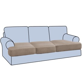 H.VERSAILTEX Stretch 3 Piece T Cushion Sofa Slipcovers Individually Sofa Cushion Covers for 3 Cushion Couch Sofa Seat Cushion Covers with Elastic Bands Featuring Thicker Jacquard Fabric, Taupe