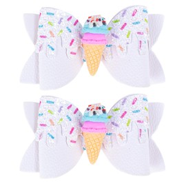 Ice Cream Hair Bow Clips, 3.4 Inch Sparkly Confetti Sprinkle Birthday Hair Bows Full Lined Metal Alligator Clips Boutique Bow-knot Hair Accessories for Girls Toddlers Kids Teens - White