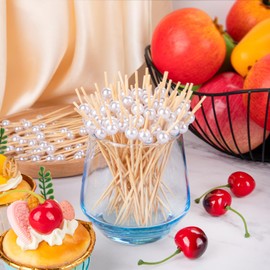 200 Pcs Pearl Cocktail Picks 4.7Inch Toothpicks Cocktail Sticks Bamboo Toothpicks, Appetizers Fruit Skewers Sandwich Cupcakes Decorative Toothpicks for Christmas Wedding Holiday Birthday Party