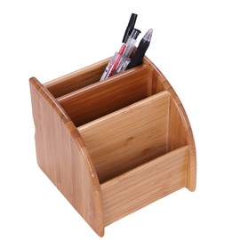 Bamboo Desk Organiser Remote Control Holder Desktop Tidy Pencil Holder Stationery Storage Box with 3 Compartments Business Card Tablet Holder for Mobile Phones,Headphone Cords/Wires,Stationery