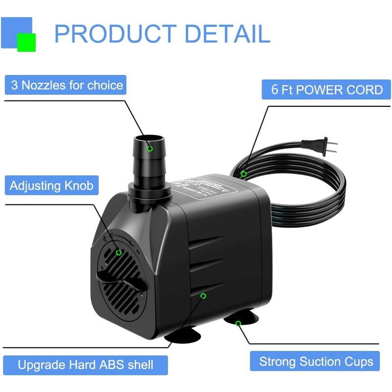 Fountain Pump 400GPH Submersible Water Pump Ultra Quiet for Fountain,