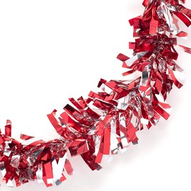 Red and Silver Metallic Tinsel Twist Garland 4 inches Wide x 25 ft Long, Parade Float Decorations for Trailer Or Golf Cart, Metallic Tinsel Garland, Christmas Garland Decor, Patriotic Garland