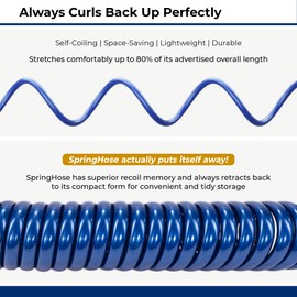 Plastair SpringHose RV Premium Polyurethane Drinking Water Safe Coil Hose with Male Adapter Plug - Lightweight Recoil Garden Hose Retractable Blue Coil Garden Hose 3/8 in by 25-Foot Made in Canada