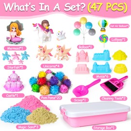 Unicorn Sensory Sand Bin, Sandbox Play Sand Set Sensory Bins for Kids Toddlers Sensory Toys with 2.2lbs Sand, Castle Mould, Mermaid, Tools, Sand Art Kit for Girls Ages 2 3 4 5 6 7 8 Gift